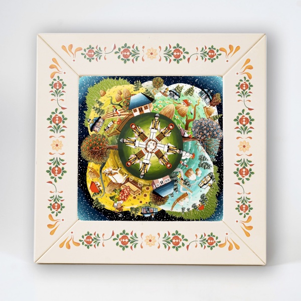 Tablou patru anotimpuri si hora traditionala (decorat pe sticla cu rama din lemn)