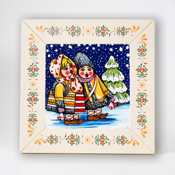 Tablou cu peisaj de iarna - colindatori (decorat pe sticla)