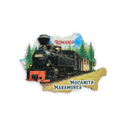 Magnet mocănița Maramureș harta României 10x7cm