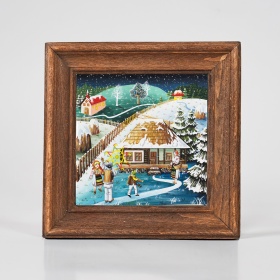 Tablou peisaj de iarna - copii la joaca in curte (decorat pe sticla) - 15cm x 15cm