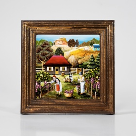 Tablou peisaj de toamna la cules de struguri (decorat pe sticla) - 15cm x 15cm