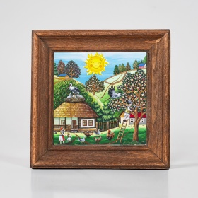 Tablou peisaj de primavara (decorat pe sticla cu rama din lemn) - 15cm x 15cm