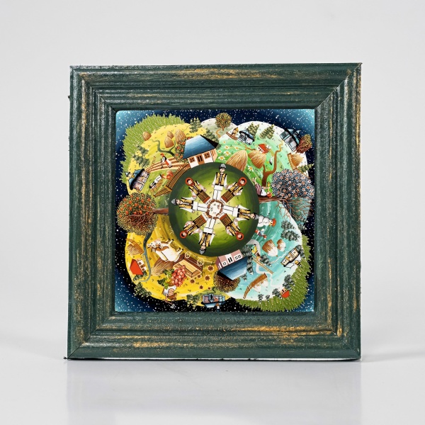 Tablou patru anotimpuri (decorat pe sticla cu rama din lemn) - 15cm x 15cm