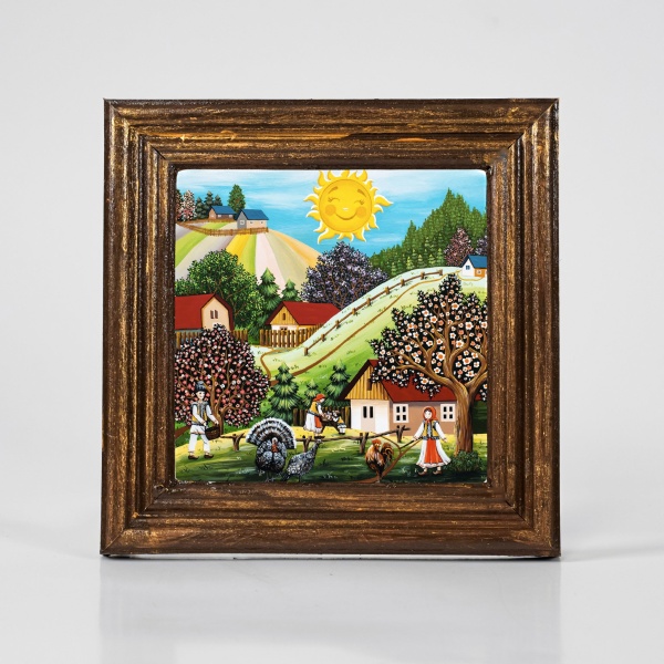 Tablou peisaj de primavara (decorat pe sticla cu rama din lemn) - 15cm x 15cm