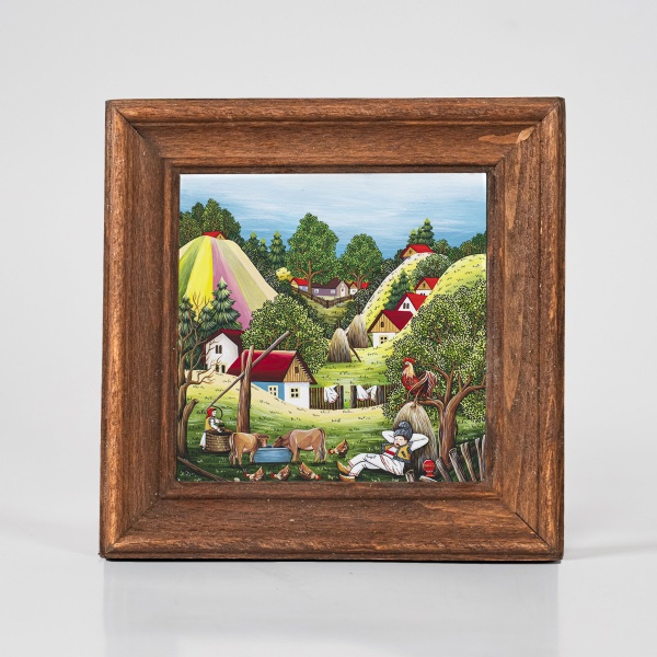 Tablou peisaj de vara (decorat pe sticla cu rama din lemn) - 15cm x 15cm