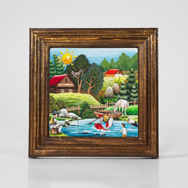 Tablou peisaj de vara langa rau (decorat pe sticla cu rama din lemn) - 15cm x 15cm