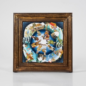 Tablou peisaj de iarna cu hora traditionala (decorat pe sticla cu rama din lemn) - 15cm x 15cm