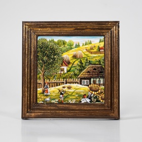 Tablou cu peisaj pitoresc de vara (decorat pe sticla cu rama din lemn) - 15cm x 15cm