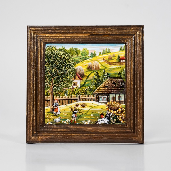 Tablou cu peisaj pitoresc de vara (decorat pe sticla cu rama din lemn) - 15cm x 15cm