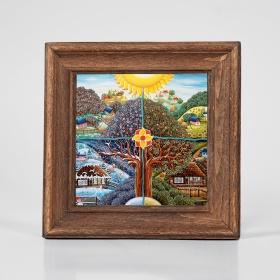 Tablou patru anotimpuri (decorat pe sticla cu rama din lemn) - 15cm x 15cm