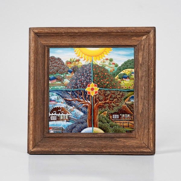 Tablou patru anotimpuri (decorat pe sticla cu rama din lemn) - 15cm x 15cm