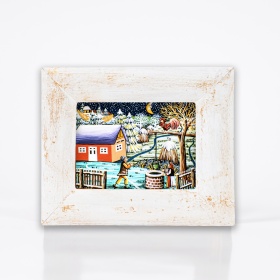 Tablou decorat pe sticla cu peisaj de iarna (rama din lemn) - 9cm x 14cm