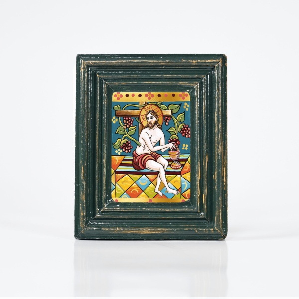 Icoana pe sticla cu Iisus Hristos cu vita de vie (decorata pe sticla) - 10cm x 12cm