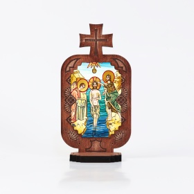 Candela din lemn cu Icoana - Botezul Domnului Iisus Hristos - 21 cm x 12 cm