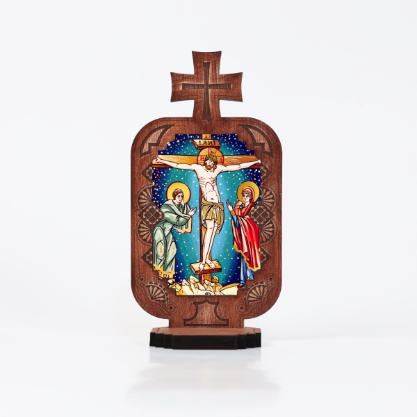 Candela din lemn cu Icoana - Rastignirea lui Iisus - 21 cm x 12 cm
