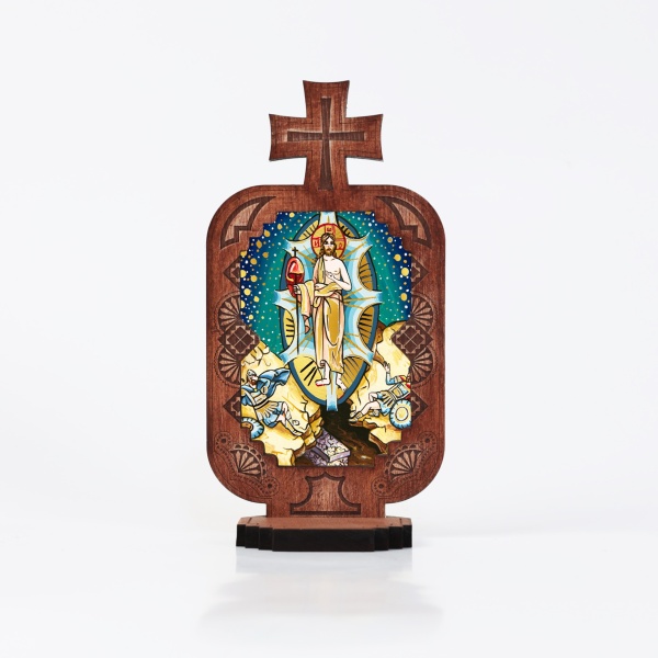 Candela din lemn cu icoana - Inaltarea Mantuitorului Iisus Hristos la iad - 21 cm x 12 cm