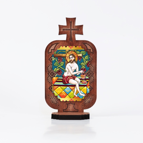 Candela din lemn cu icoana Mantuitorului Iisus Hristos si vita de vie - 21 cm x 12 cm