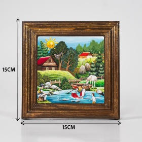 Tablou peisaj de vara langa rau (decorat pe sticla cu rama din lemn) - 15cm x 15cm