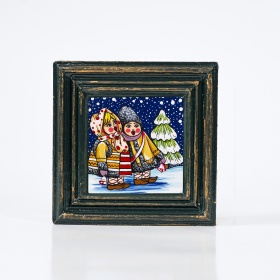 Tablou colindatori (decorat pe sticla cu rama din lemn) - 10cm x 10cm